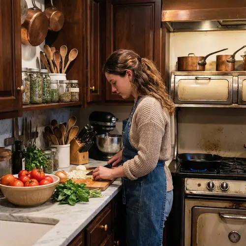 Young Caucasian Woman Cooking in Cozy Kitchen