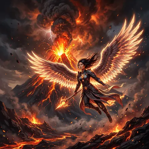 Winged East Asian Woman Facing Volcanic Eruption