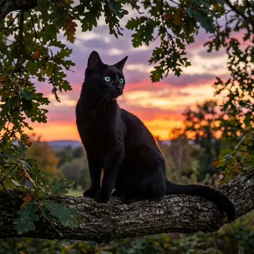 Graceful Domestic Shorthaired Cat on Oak Tree Branch