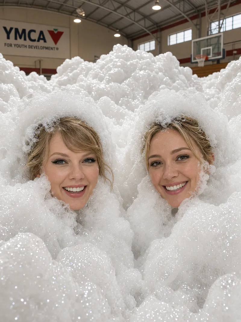 Taylor Swift & Hilary Duff: Fun Foam Party Photoshoot Taylor Swift & Hilary Duff: Fun Foam Party Photoshoot