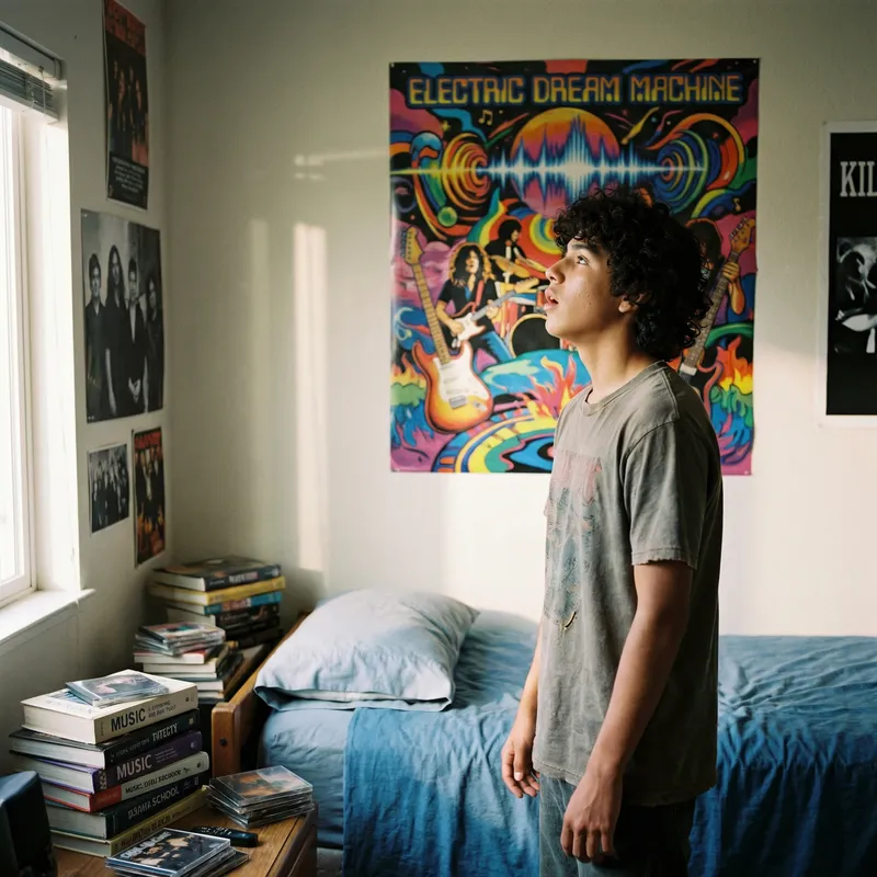 Hispanic Male Teenager Mesmerized by Vibrant Rock Poster