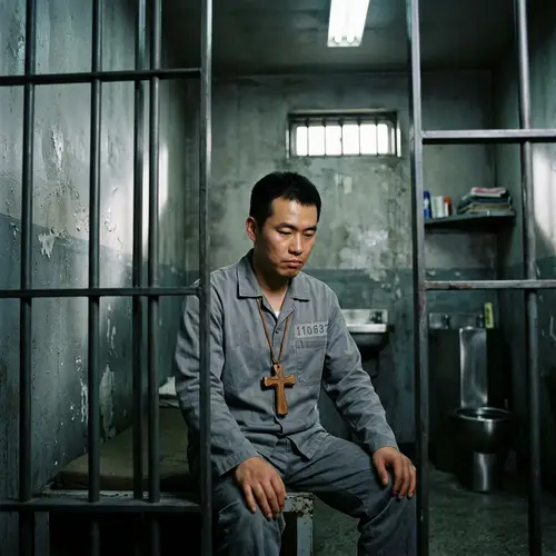 East Asian Man in Prison Attire with Cross Symbol