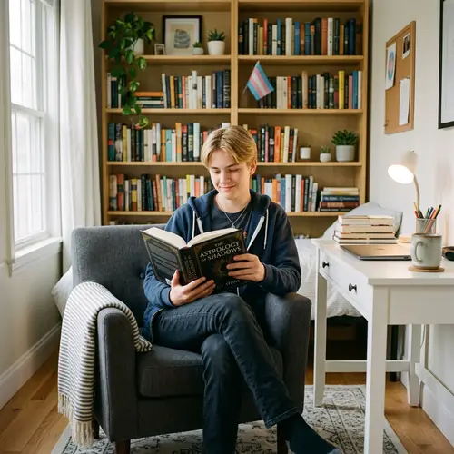 Cozy Room Portrait: Transexual Teen in Bookish Bliss