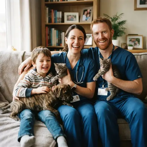 Happy Family of Six with Pets