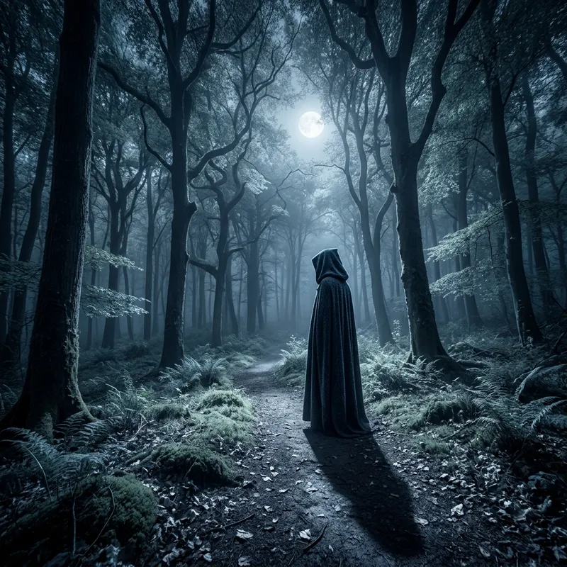 Enigmatic Figure in Enchanted Forest | Tranquil Solitude