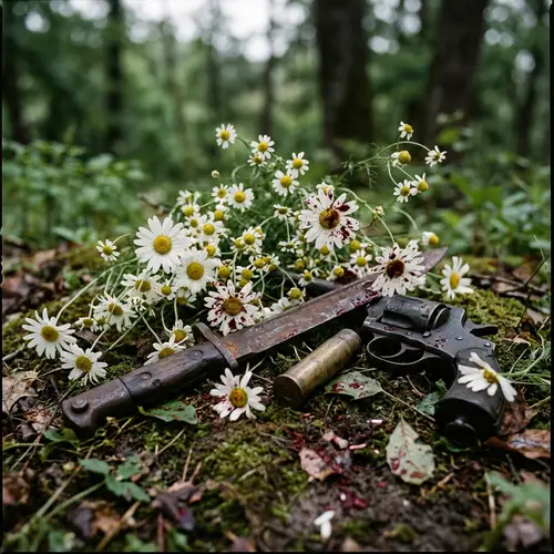 White Flowers with Bloodstains and Weapons