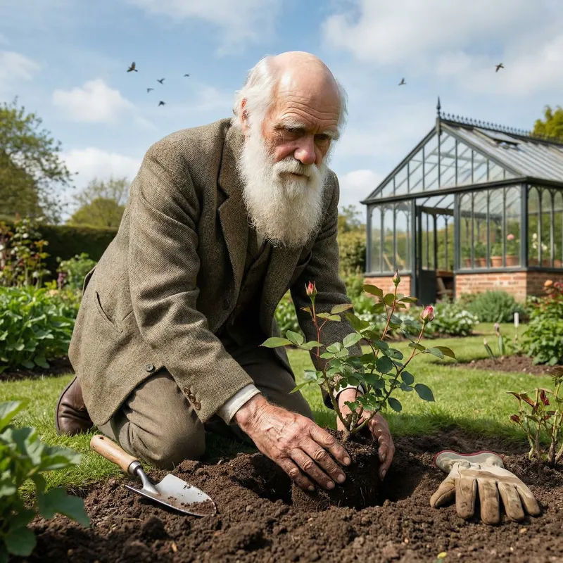 Charles Darwin Planting Rose in Historic English Garden Charles Darwin Planting Rose in Historic English Garden