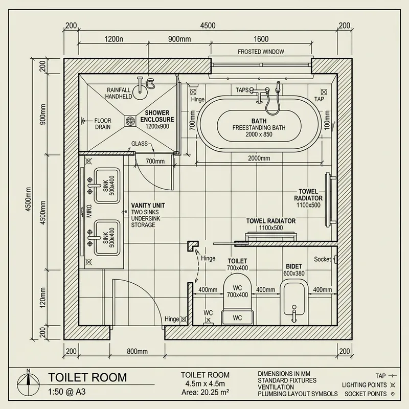 Toilet Room Blueprint 4.5x4.5 Meters Design