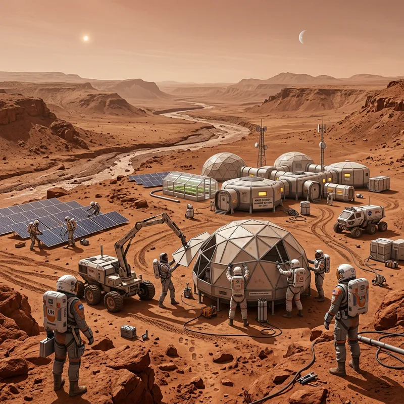 Mars Colony: Diverse Explorers in Dry Riverbed on Red Planet