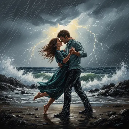 Couple Dancing in a Storm - Captivating Oil Painting