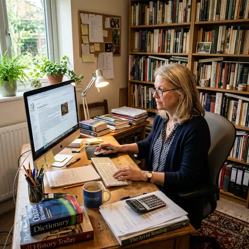 Focused European Woman in a Cozy Office Setting