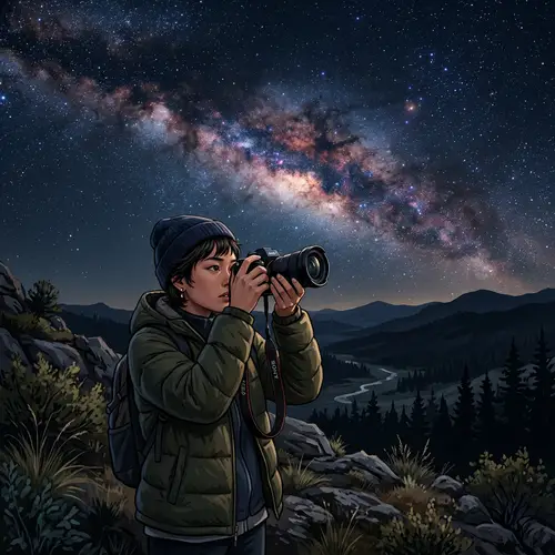 East Asian Girl Capturing Milky Way in Midnight Setting