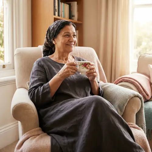 Serene Middle-Eastern Mother Sipping Tea in Cozy Room