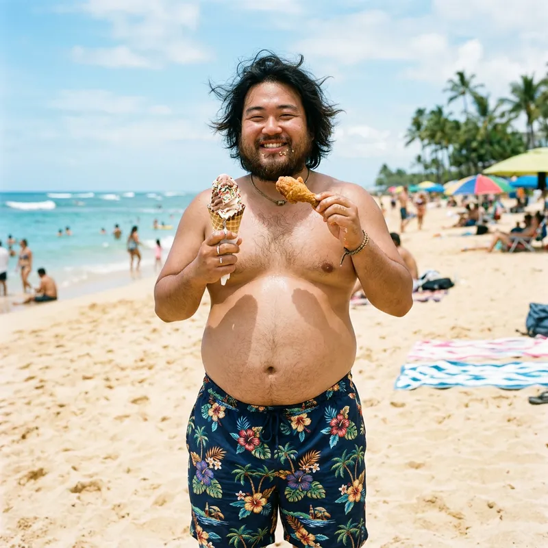 Chubby Asian Guy in Swim Trunks Enjoying Ice Cream & Chicken Chubby Asian Guy in Swim Trunks Enjoying Ice Cream & Chicken