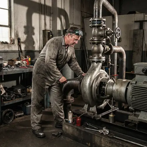 Professional Caucasian Male Mechanic Working on Pump System in Industrial Setting