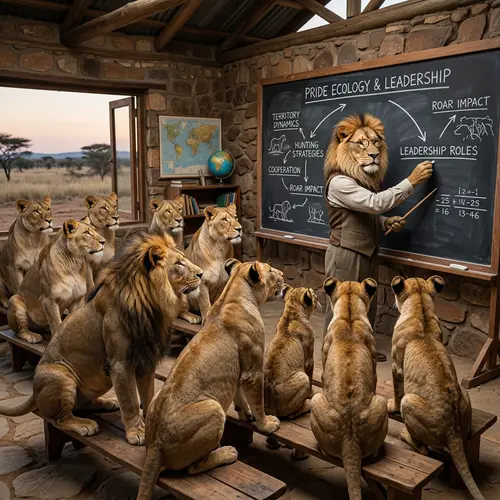 Authority Figure Teaching Lions on Blackboard