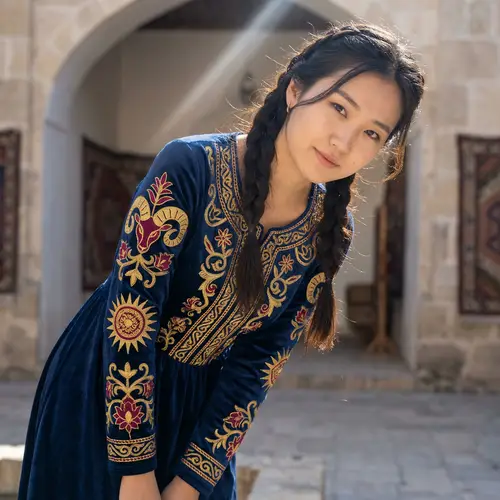 Majestic Dark Blue Kazakh Dress: Traditional Motifs