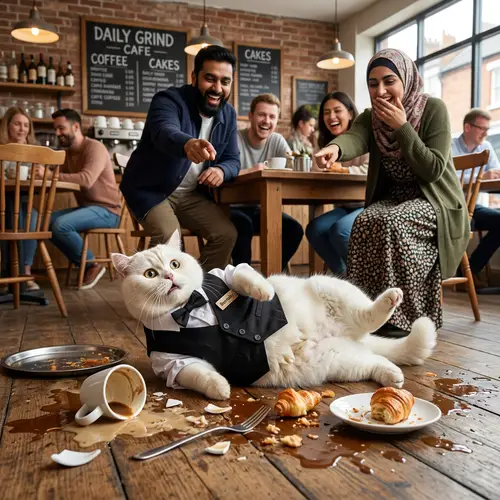 Chubby British Cat Café Waiter Chaos Scene