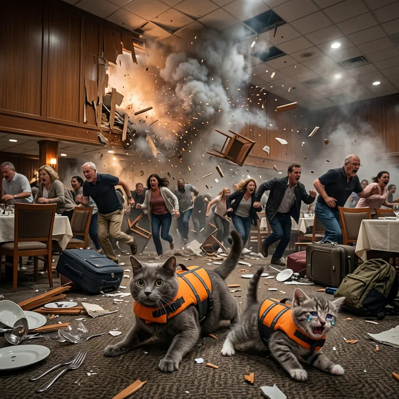 Dramatic Ship Dining Room Explosion with Crying Cats