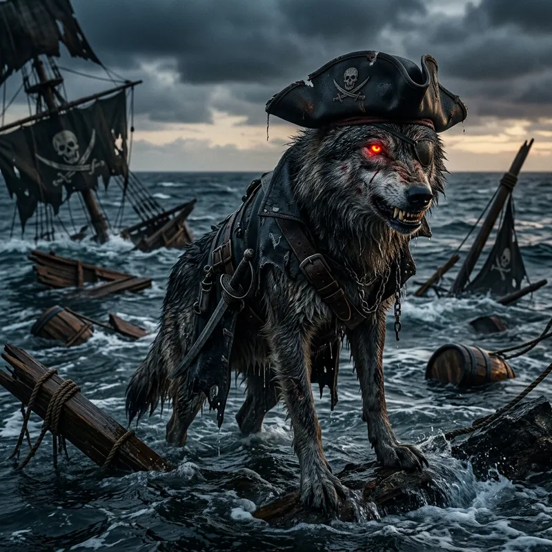 Pirate Wolf in Hyper-Realistic Sea Scene