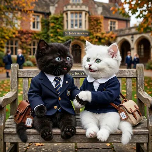 Realistic Animated British and White Cats in School Uniform