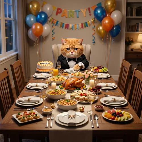 Chubby Orange British Cat in Tuxedo Sitting Alone at Festive Table