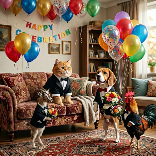 Hyperrealistic Cartoon Cat in a Tuxedo with Friends