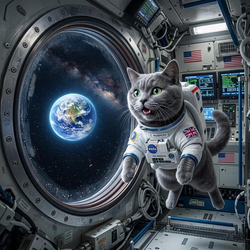 British Cat Astronaut in Spacecraft | Hyperrealistic Art with Gravity-Defying Bliss