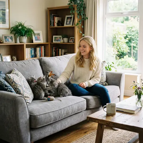 Beautiful Blonde Girl Smiling with Three Fluffy Gray Kittens in Spacious Living Room