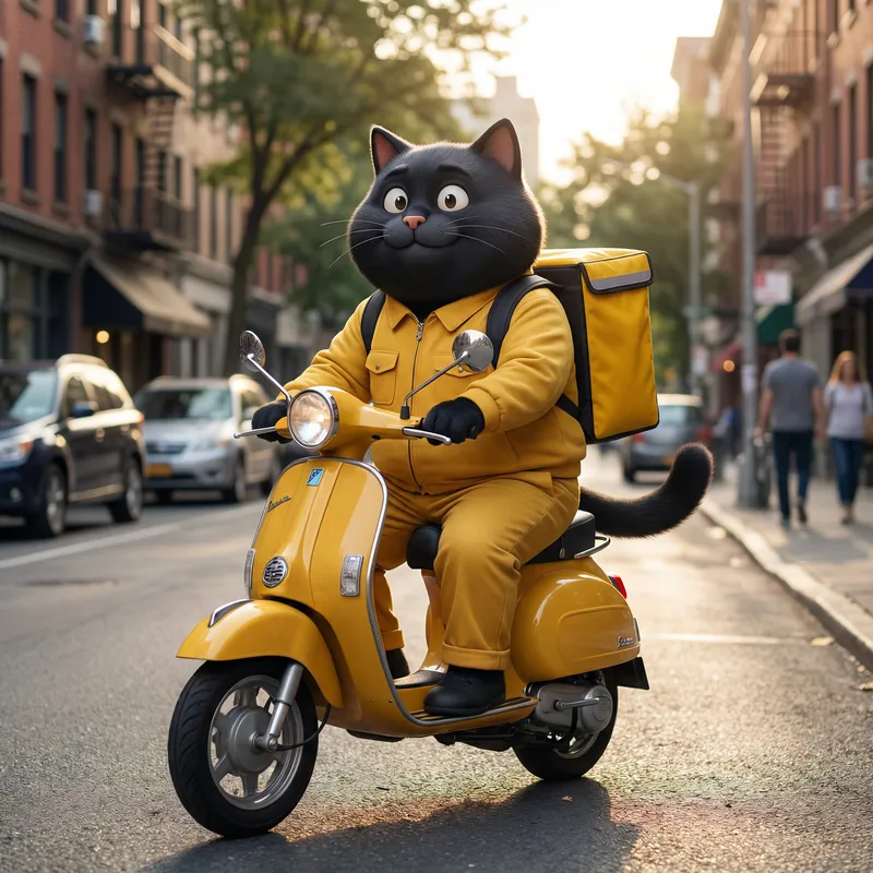 Plump Cartoon Black Cat Riding Yellow Moped - Hyperrealist Art