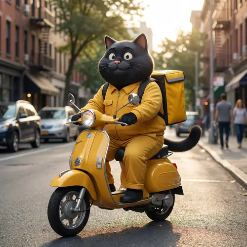 Cartoon Black Cat Riding Yellow Moped - High Detail Art