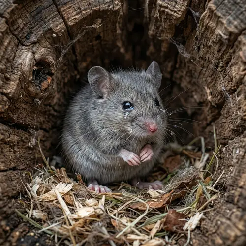 Professional Gray Mouse in Wooden Burrow with Teardrops - Hyperrealism