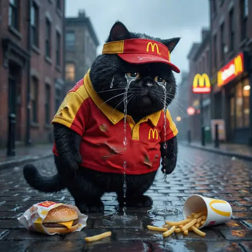 Sorrowful Cartoon Black Cat in Fast Food Uniform Crying