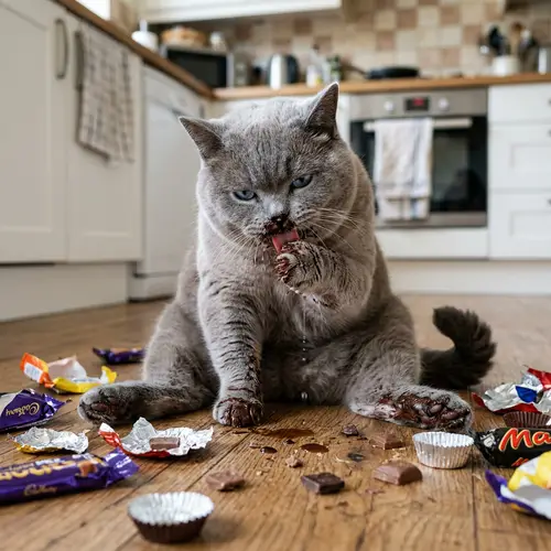 Chubby British Short-Haired Grey Cat Eating Chocolate Candies