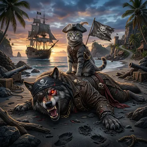 Cat and Wolf Pirate Battle | Hyperrealism Artwork