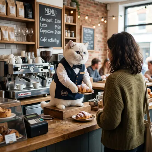 Hyperrealistic Café Scene with British Feline Waiter Placing Pastry