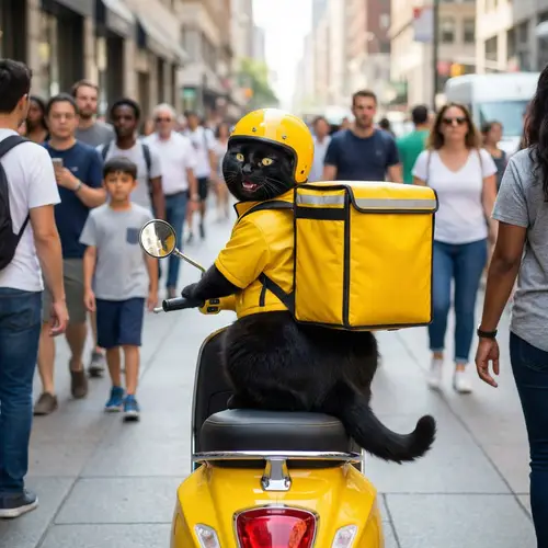 Chubby Adorable Black Cat in Yellow Courier Uniform on Moped