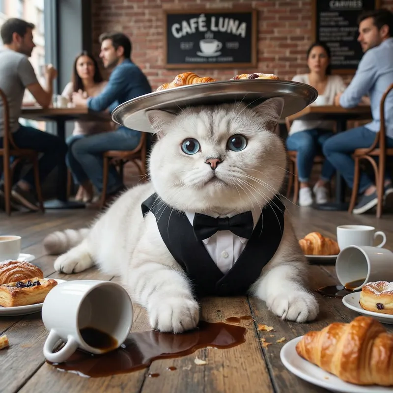 Realistic British Cartoon Cat Waiter's Cafe Blunder