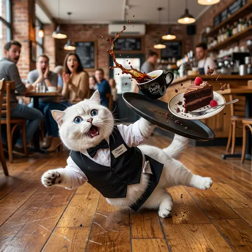 Funny Cartoon Cat Waiter Spilling Coffee - Hyperrealism Art