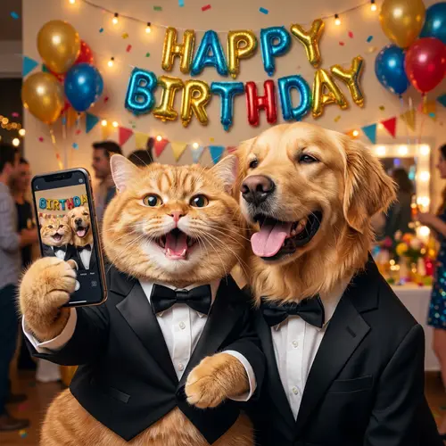 Chubby Ginger British Cat Taking Selfie with Dog | Happy Birthday Balloons