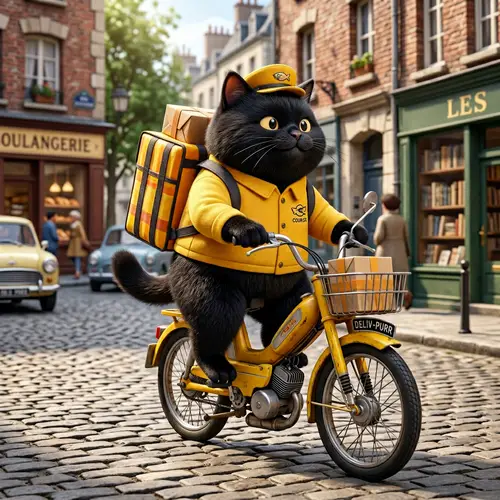 Adorable Cartoon Black Cat Courier on Yellow Moped