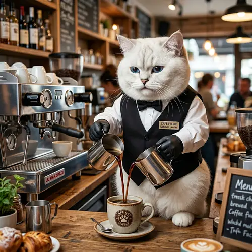 Hyperrealistic Cartoon Cat Waiter Photo