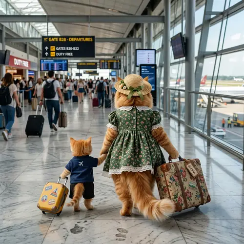 Realistic Orange Cat and Ginger Kitten Vacation Illustration