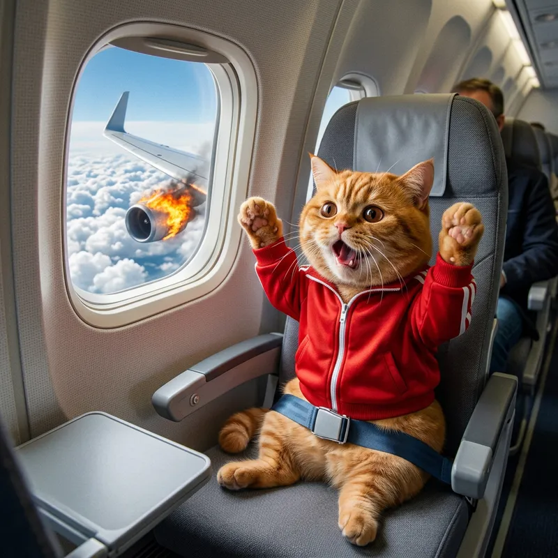 Realistic British Cat in Red Athleisure Sits by Airplane Window