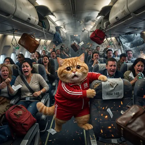 Hyperrealistic British Cat in Airplane Crash Scene