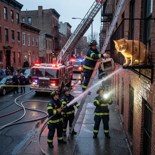 Firefighters Rescuing Large Ginger Cat from Street Scene