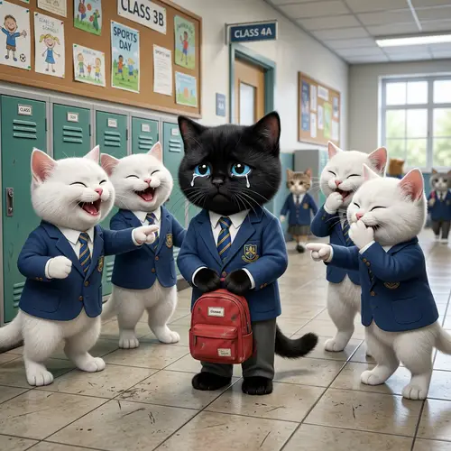 Cartoon Black British Cat Crying in School Corridor