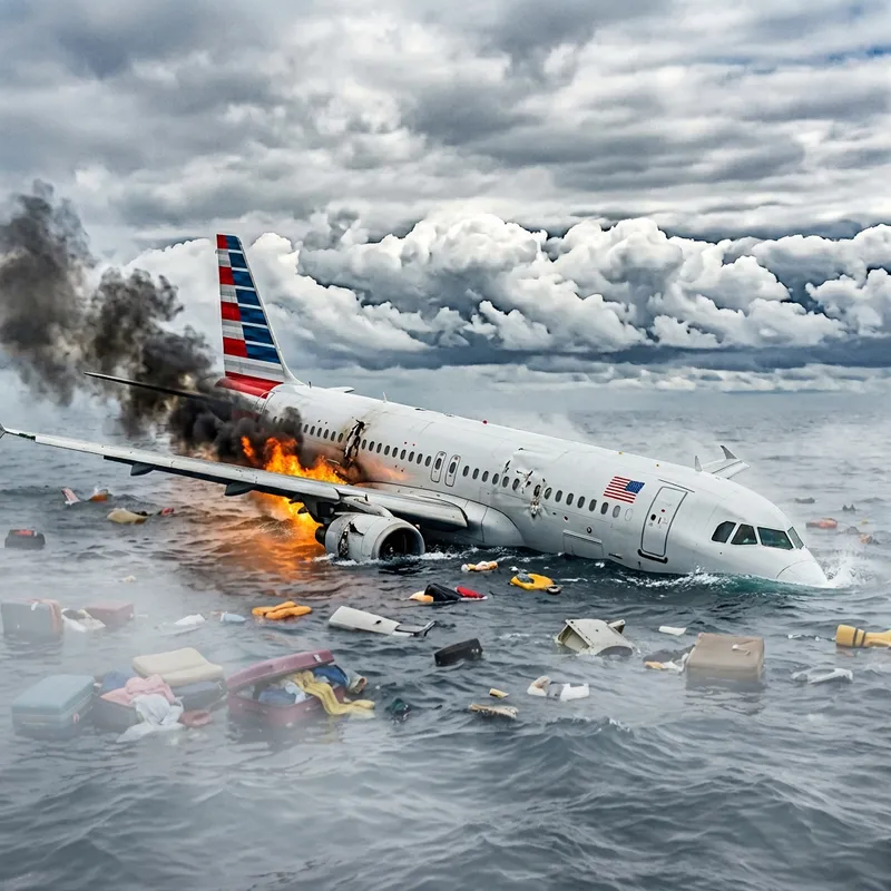 White Plane with USA Flag in Dense Clouds: Crash Scene in Blue Ocean