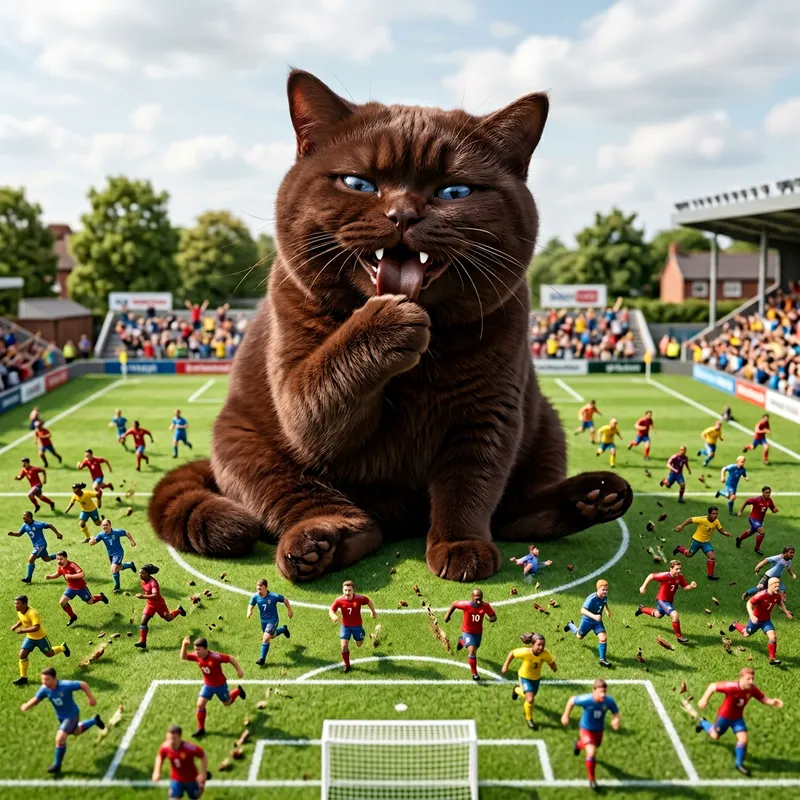 Chubby British Chocolate Cat on Soccer Field - Hyperrealism and Photorealism