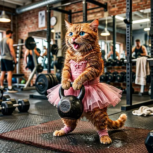 Charming Reddish Cat Lifting Kettlebell in Gym | High Resolution